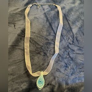 Necklace/white ribbon, blue glass pendant, silver lobster clasp, NWOT